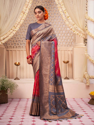 Slate Grey Rose Red Gold zari with Bandhej Bandhani Raw Silk Saree for Farewell | House of Vardha 