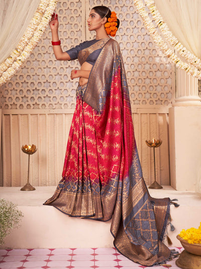 Slate Grey Rose Red Gold zari with Bandhej Bandhani Raw Silk Saree for Farewell | House of Vardha 