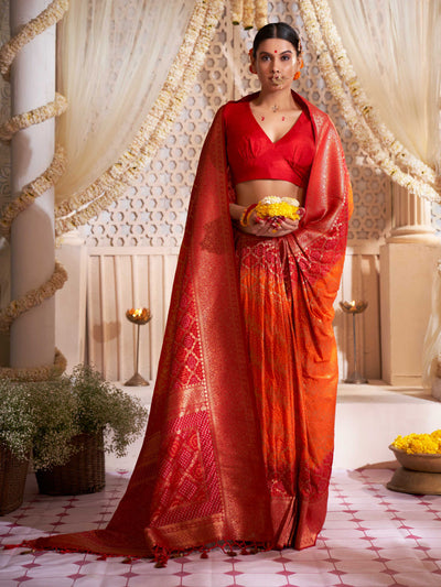 Fire Engine Red-Dark Orange Gold zari with Bandhej Bandhani Raw Silk Saree