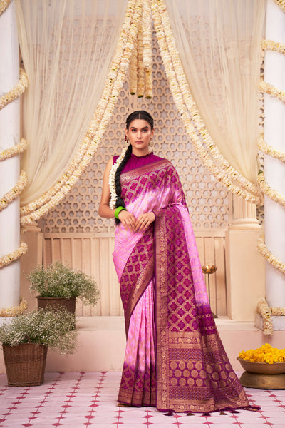 Mardi Gras Pink Wisteria Purple Gold zari with Bandhej Bandhani Raw Silk Saree | House of Vardha