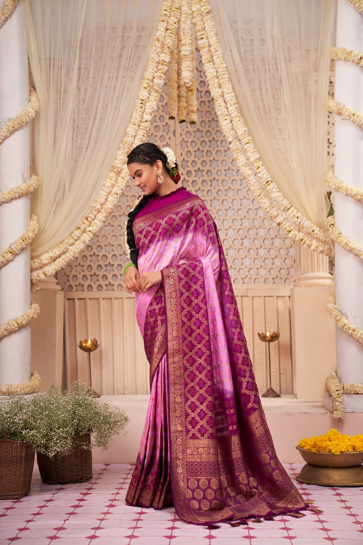 Mardi Gras Pink Wisteria Purple Gold zari with Bandhej Bandhani Raw Silk Saree | House of Vardha