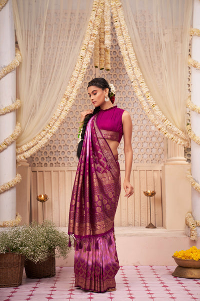 Mardi Gras Pink Wisteria Purple Gold zari with Bandhej Bandhani Raw Silk Saree | House of Vardha