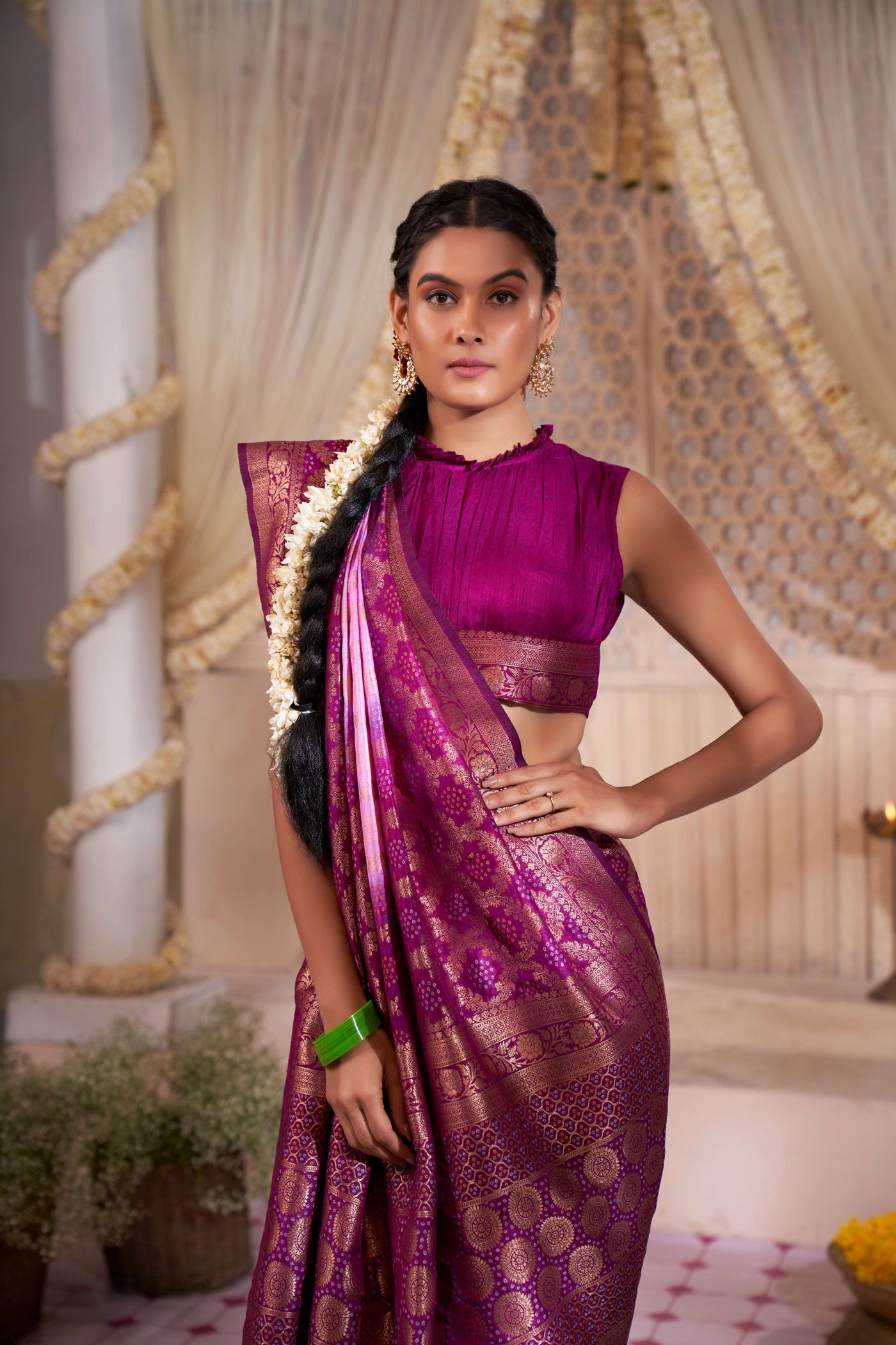 Mardi Gras Pink Wisteria Purple Gold zari with Bandhej Bandhani Raw Silk Saree | House of Vardha