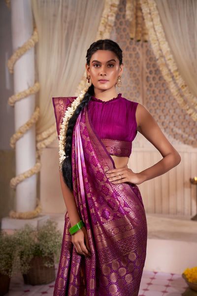 Mardi Gras Pink Wisteria Purple Gold zari with Bandhej Bandhani Raw Silk Saree | House of Vardha