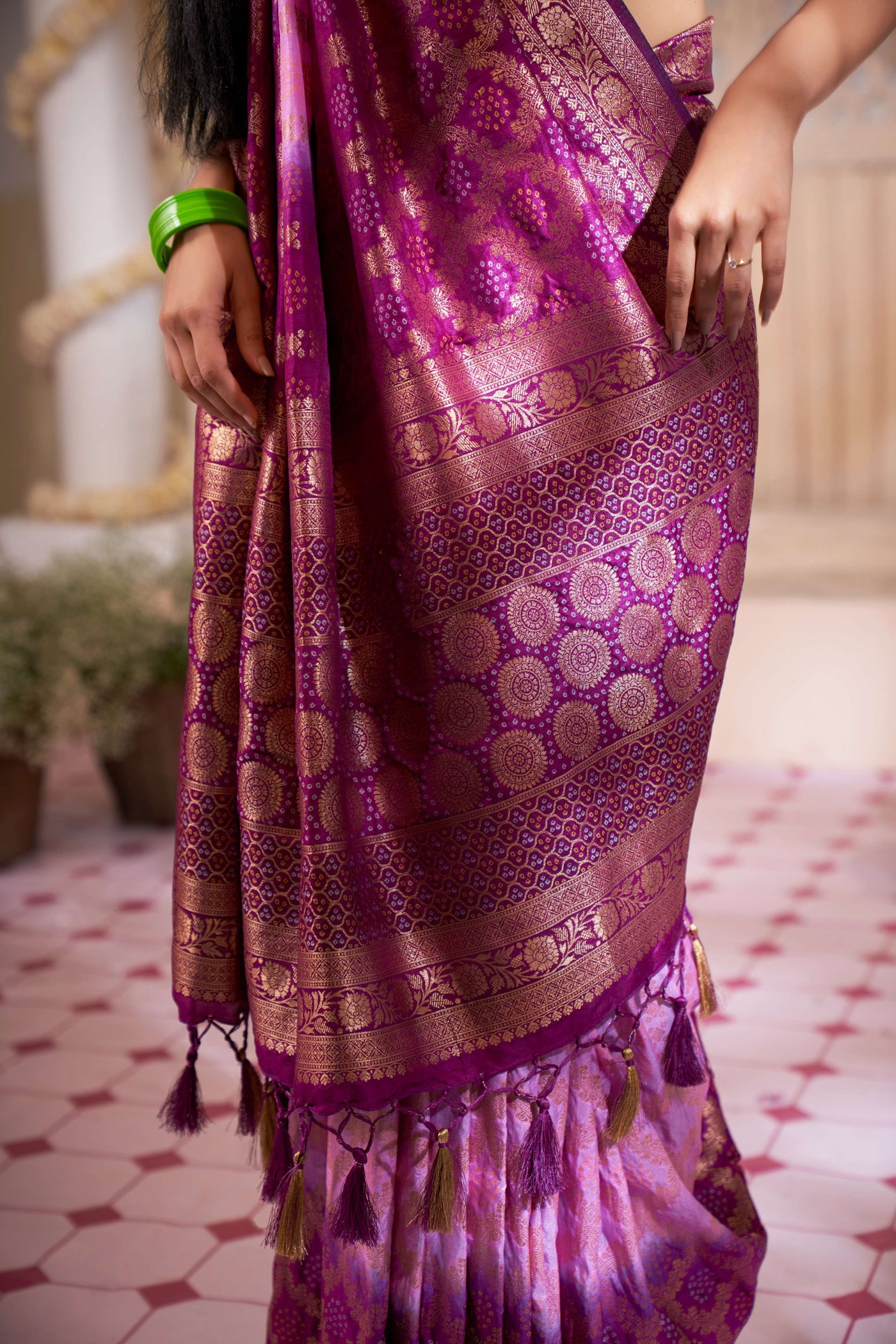 Mardi Gras Pink Wisteria Purple Gold zari with Bandhej Bandhani Raw Silk Saree | House of Vardha