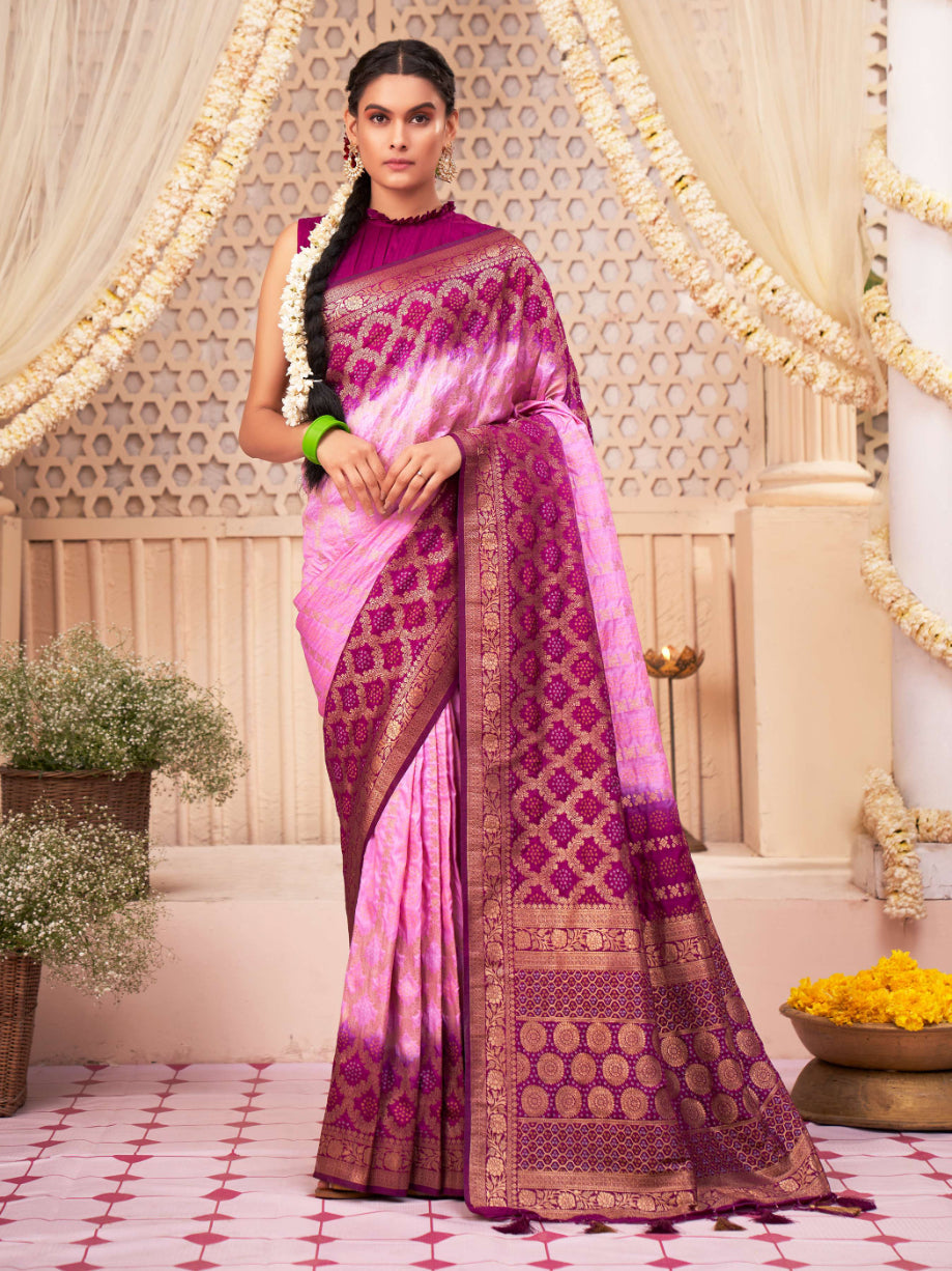 Mardi Gras Pink Wisteria Purple Gold zari with Bandhej Bandhani Raw Silk Saree | House of Vardha