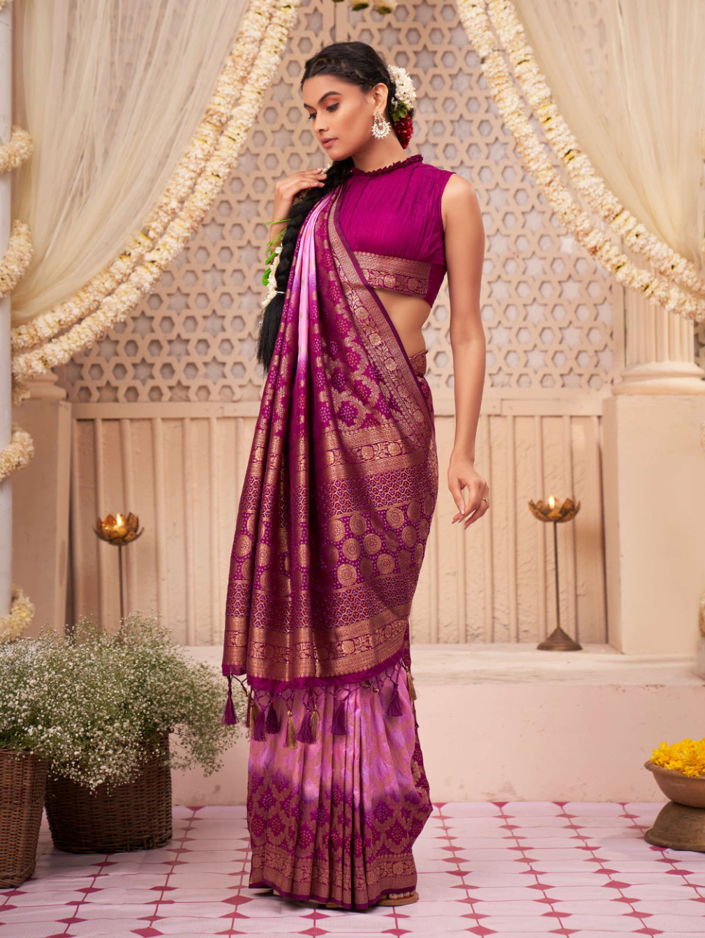 Mardi Gras Pink Wisteria Purple Gold zari with Bandhej Bandhani Raw Silk Saree | House of Vardha