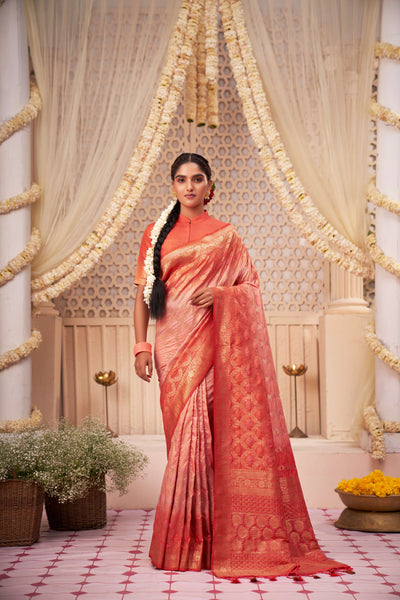 Coral Orange Gold zari with Bandhej Bandhani Raw Silk Saree | House of Vardha