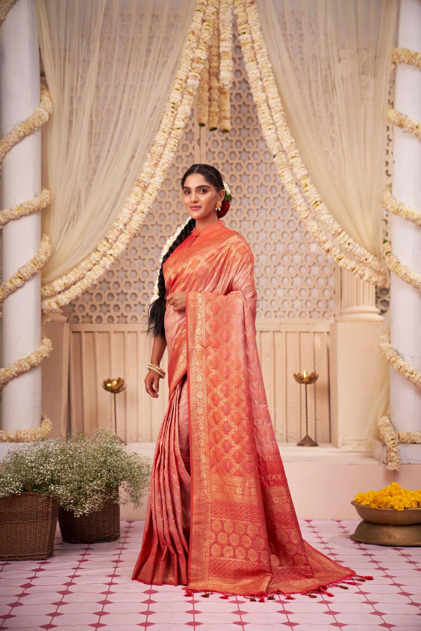 Coral Orange Gold zari with Bandhej Bandhani Raw Silk Saree | House of Vardha