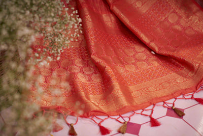 Coral Orange Gold zari with Bandhej Bandhani Raw Silk Saree | House of Vardha