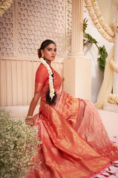 Coral Orange Gold zari with Bandhej Bandhani Raw Silk Saree | House of Vardha