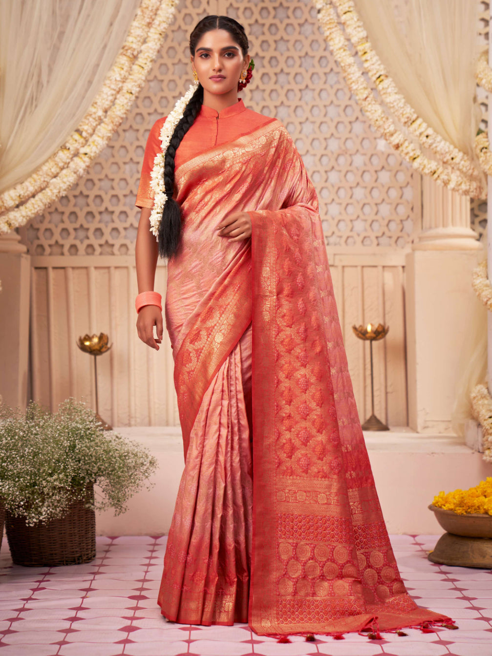 Coral Orange Gold zari with Bandhej Bandhani Raw Silk Saree | House of Vardha