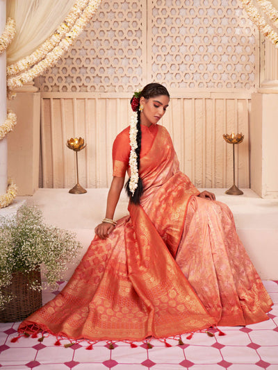 Coral Orange Gold zari with Bandhej Bandhani Raw Silk Saree | House of Vardha