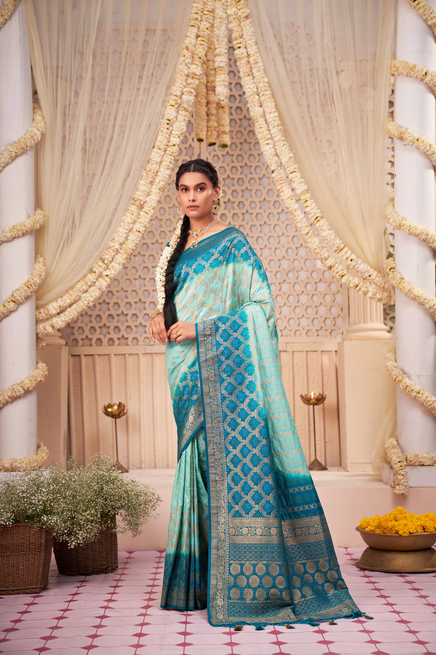 Powder Blue Gold zari with Bandhej Bandhani Raw Silk Saree