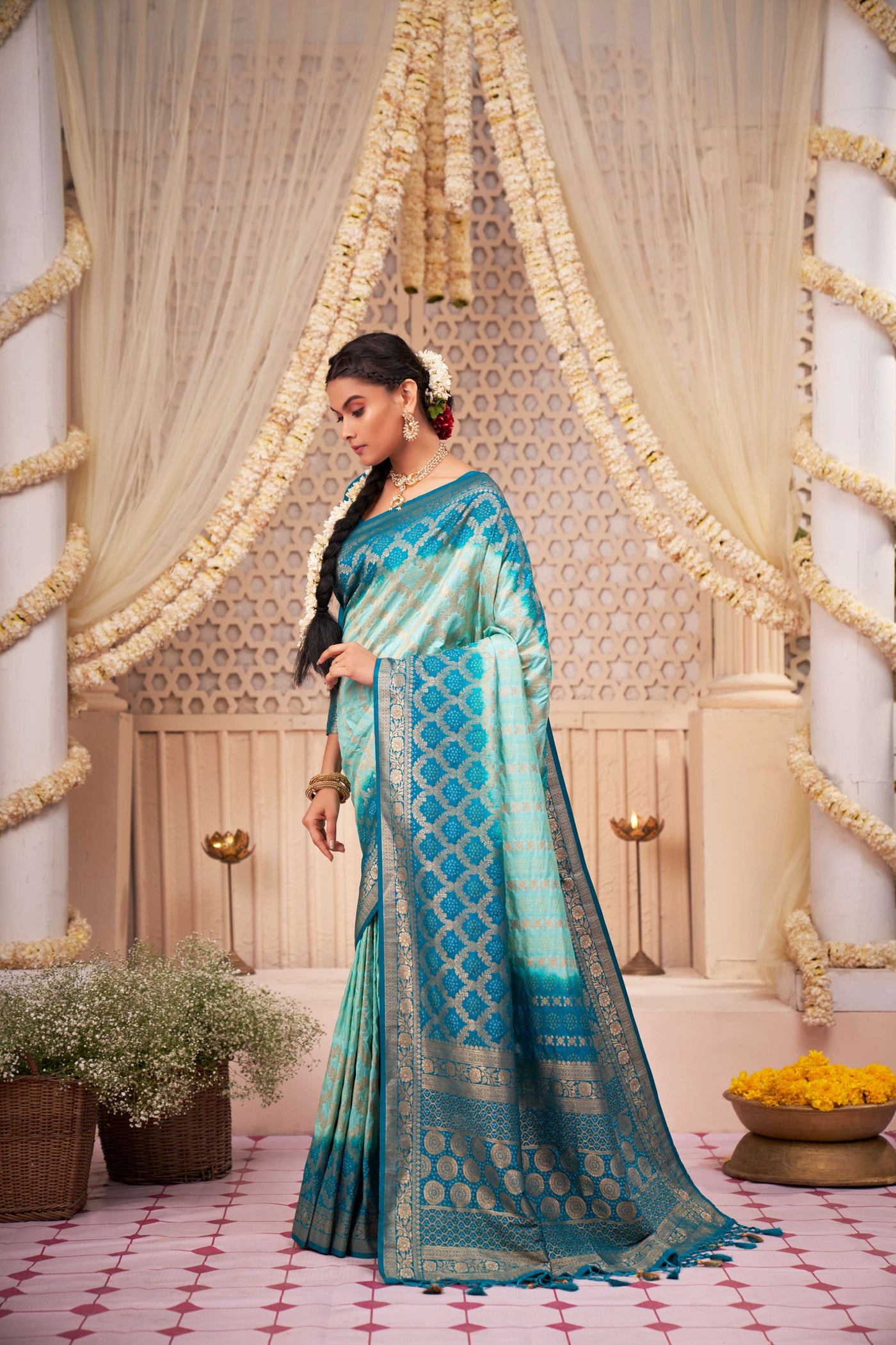 Powder Blue Gold zari with Bandhej Bandhani Raw Silk Saree