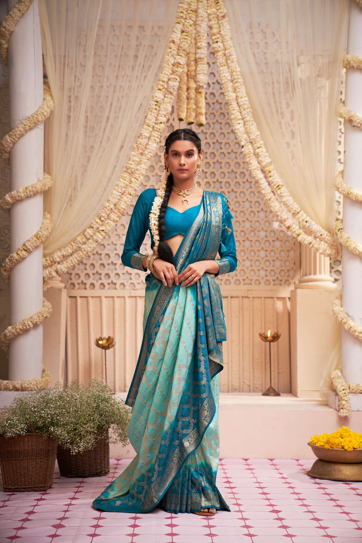 Powder Blue Gold zari with Bandhej Bandhani Raw Silk Saree