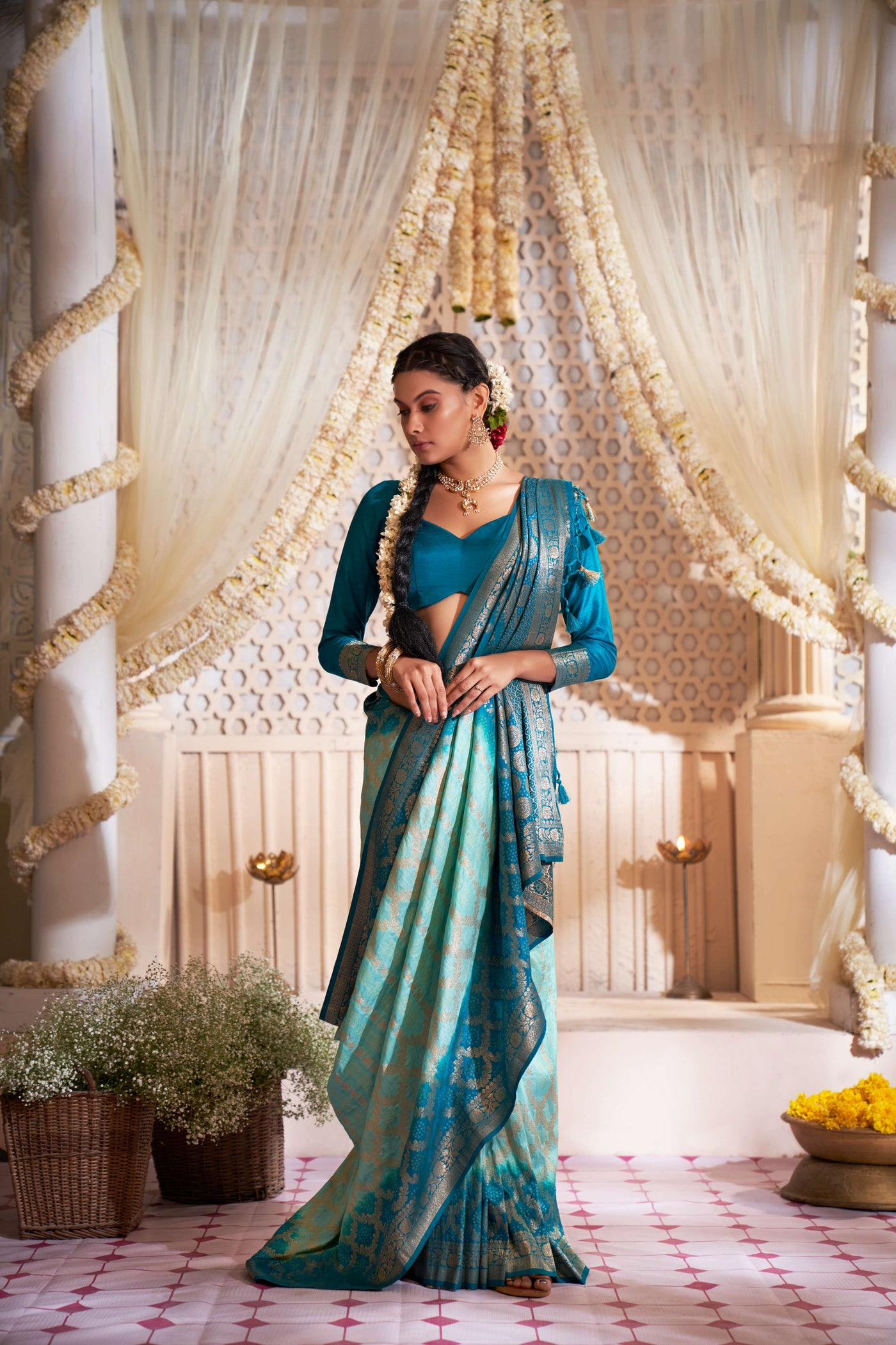 Powder Blue Gold zari with Bandhej Bandhani Raw Silk Saree