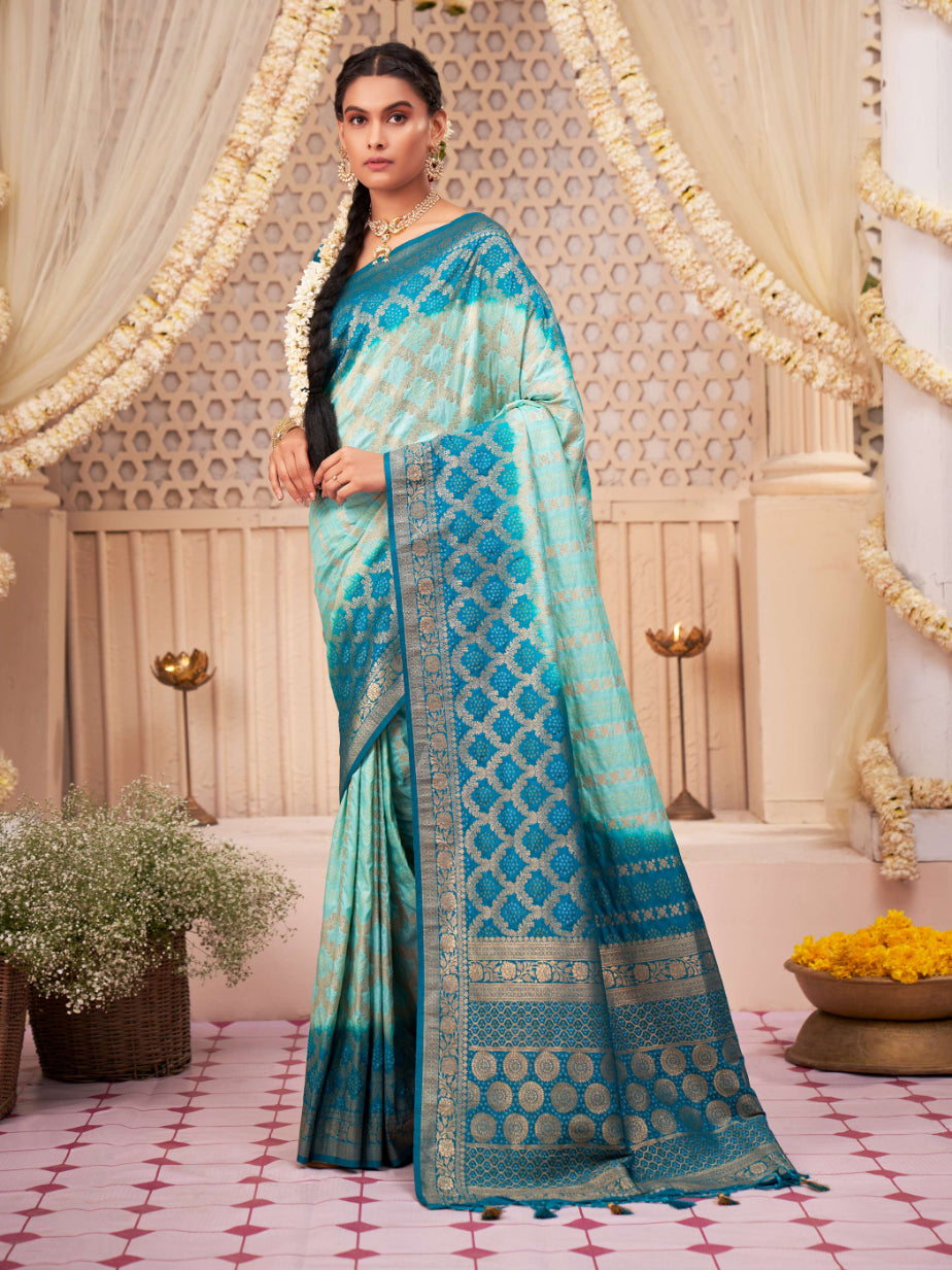 Powder Blue Gold zari with Bandhej Bandhani Raw Silk Saree