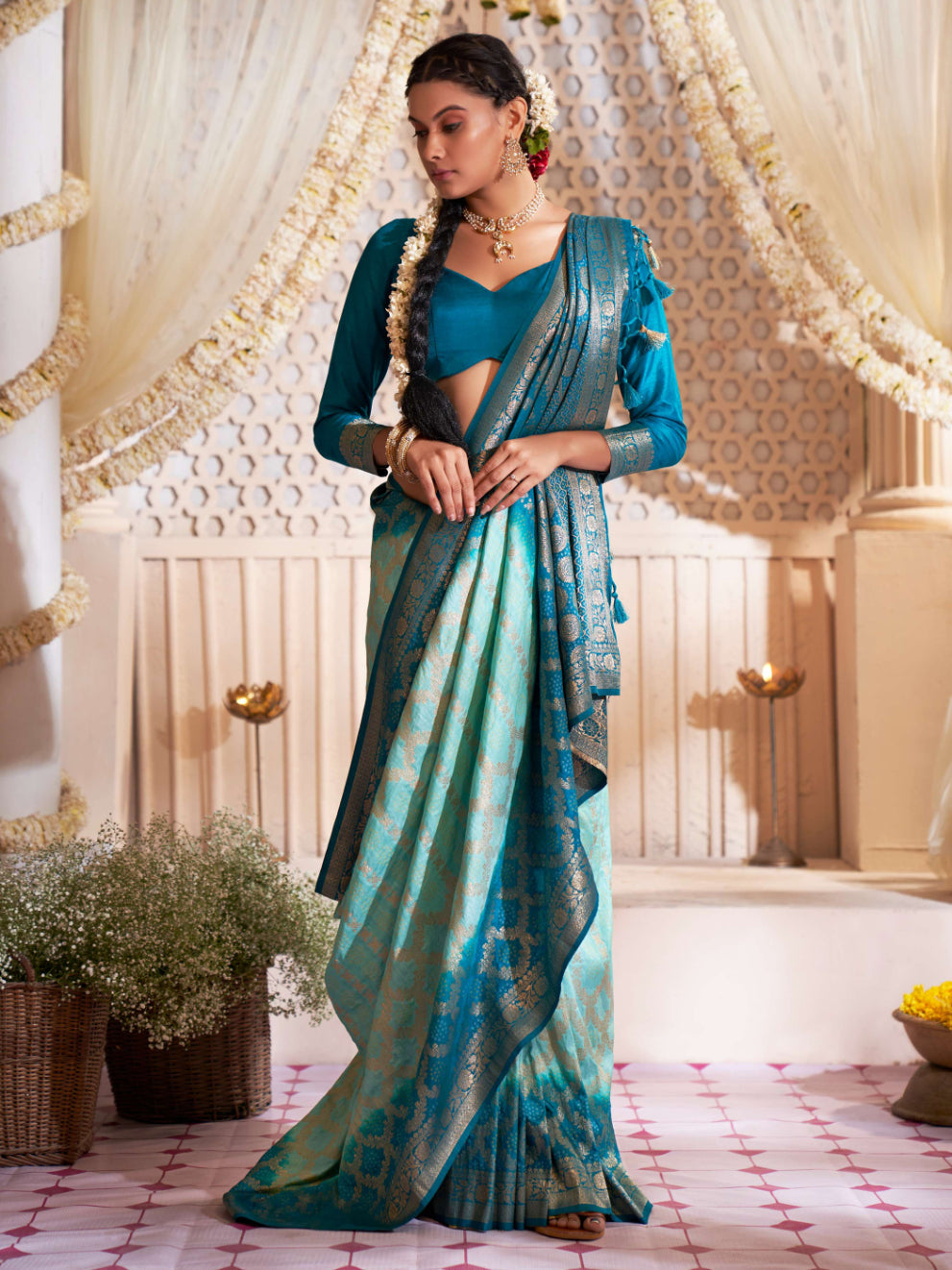 Powder Blue Gold zari with Bandhej Bandhani Raw Silk Saree