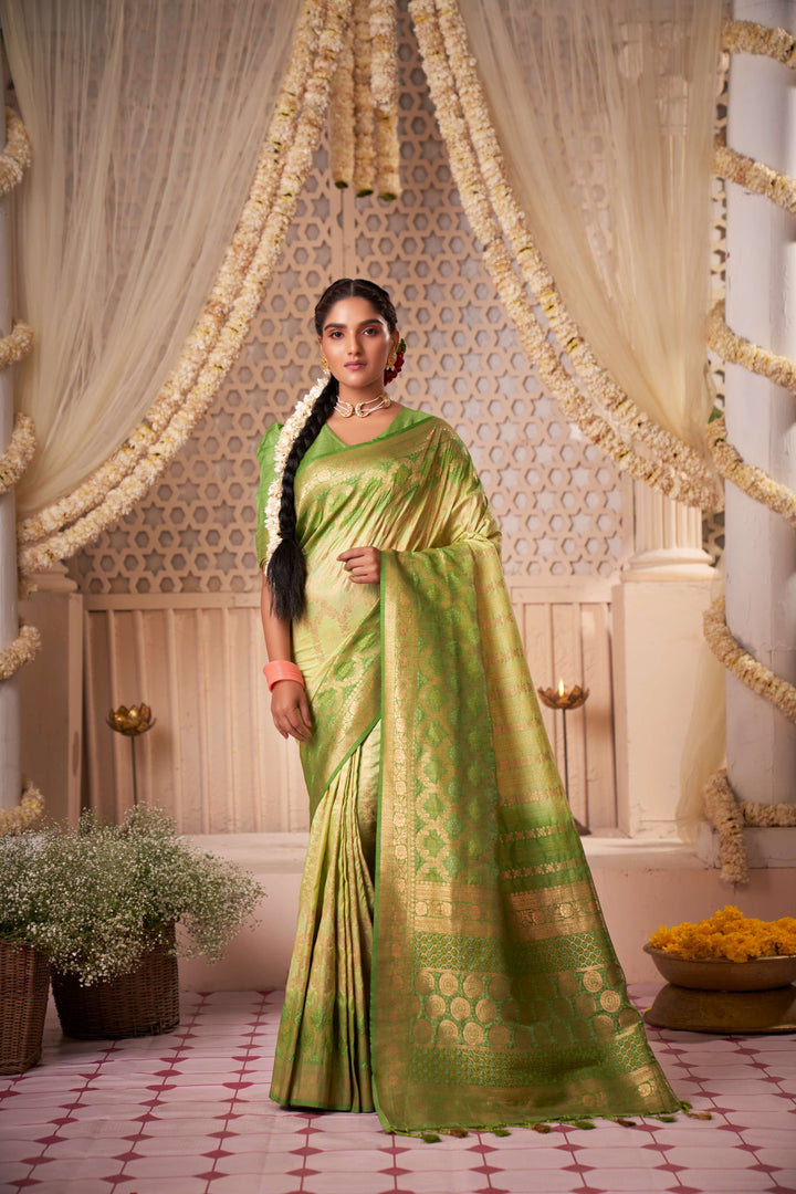 Asparagus Pear Gold zari with Bandhej Bandhani Silk Saree for Mehendi Ceremony | House of Vardha