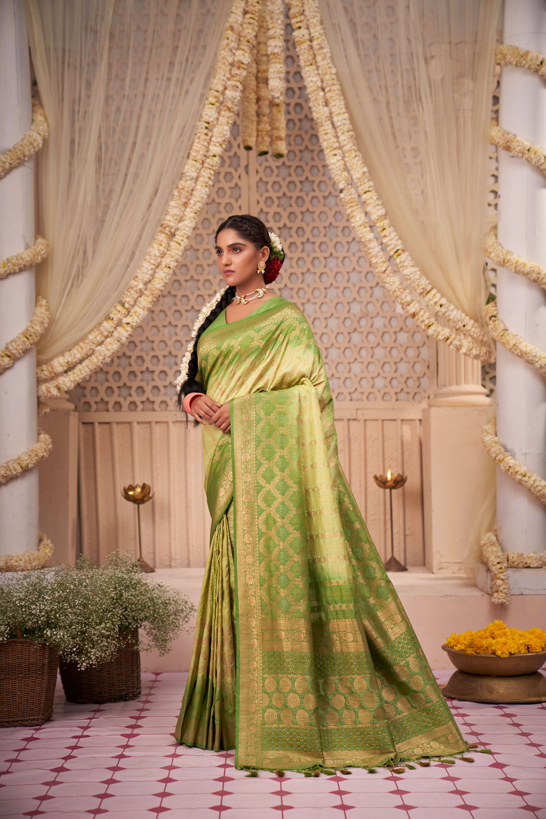 Asparagus Pear Gold zari with Bandhej Bandhani Silk Saree for Mehendi Ceremony | House of Vardha