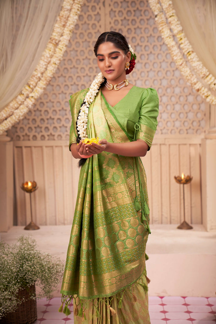 Asparagus Pear Gold zari with Bandhej Bandhani Silk Saree for Mehendi Ceremony | House of Vardha