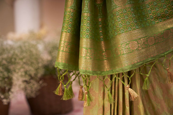 Asparagus Pear Gold zari with Bandhej Bandhani Silk Saree for Mehendi Ceremony | House of Vardha