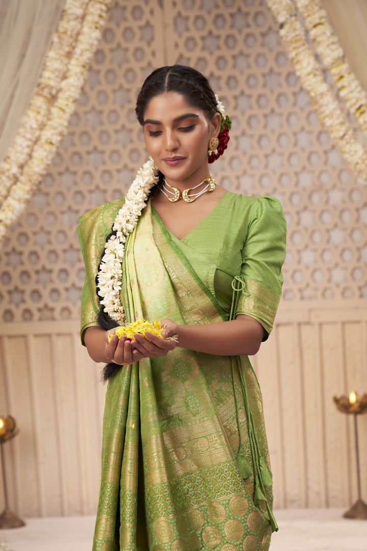 Asparagus Pear Gold zari with Bandhej Bandhani Silk Saree for Mehendi Ceremony | House of Vardha