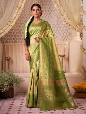 Asparagus Pear Gold zari with Bandhej Bandhani Silk Saree for Mehendi Ceremony | House of Vardha