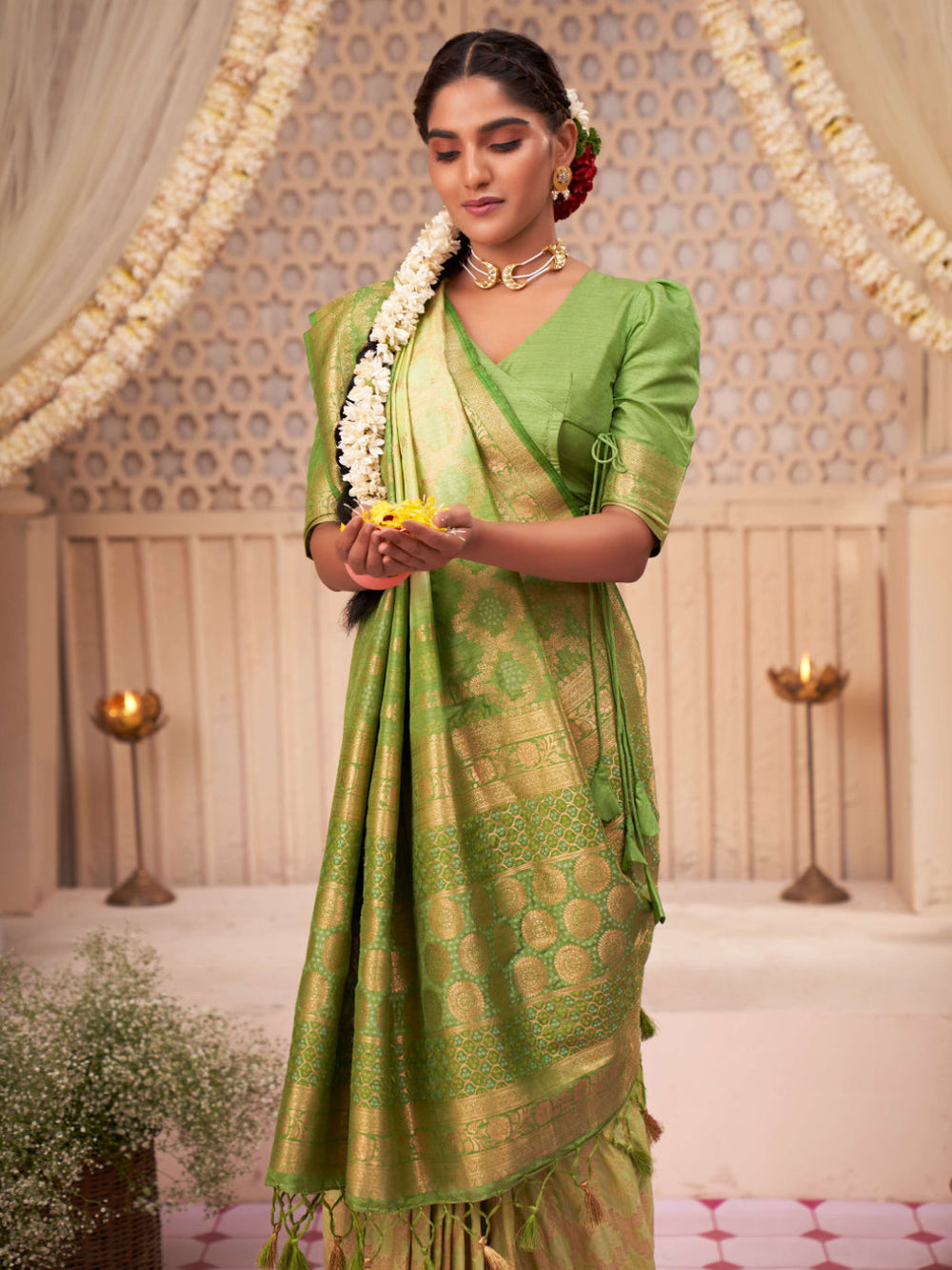 Asparagus Pear Gold zari with Bandhej Bandhani Silk Saree for Mehendi Ceremony | House of Vardha