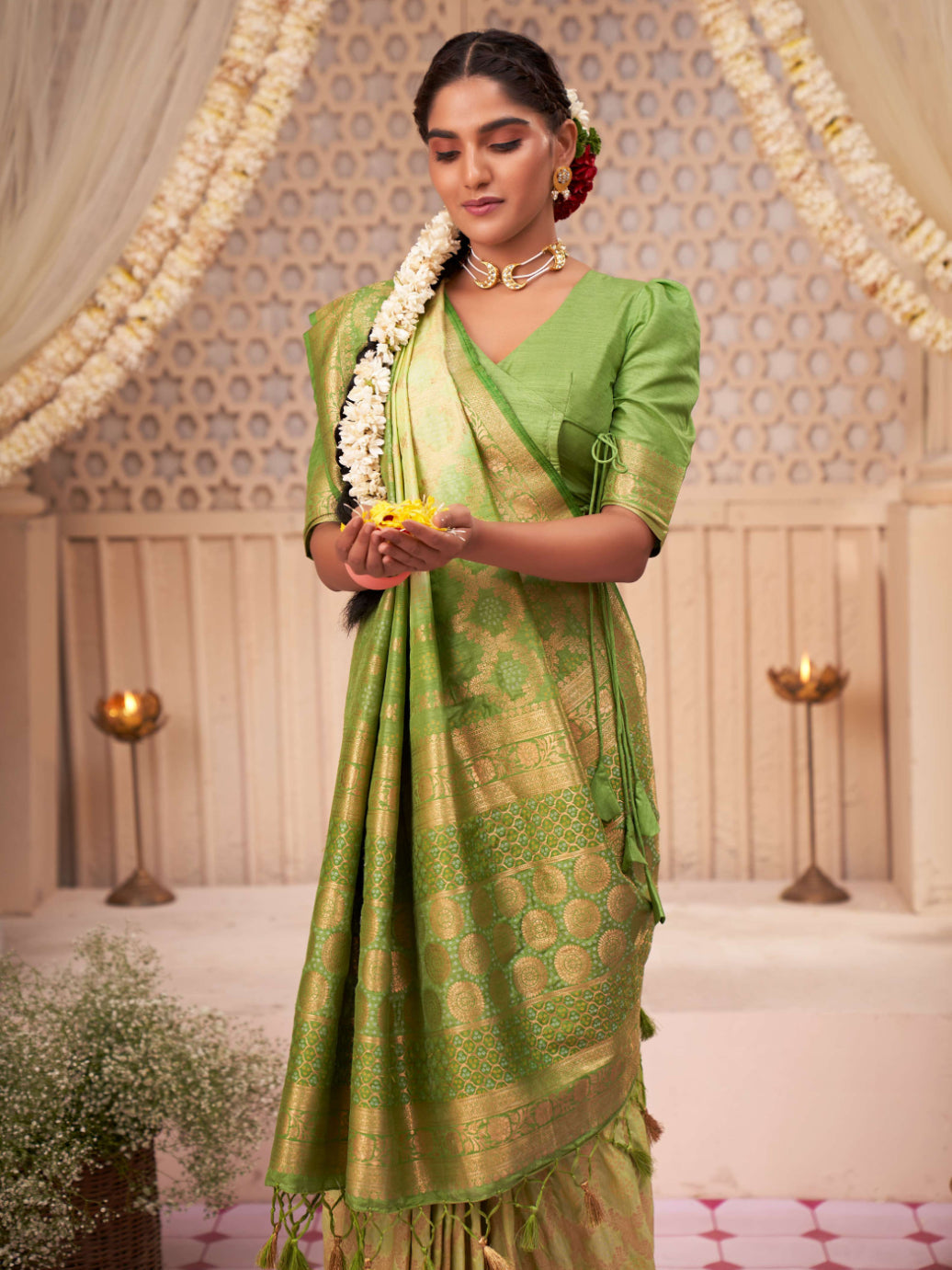 Asparagus Pear Gold zari with Bandhej Bandhani Silk Saree for Mehendi Ceremony | House of Vardha