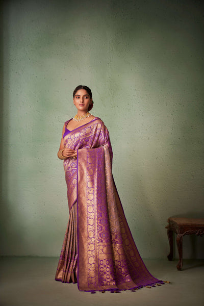 Byzantium Purple-Lilac Gold zari with Bandhej Bandhani Raw Silk Saree