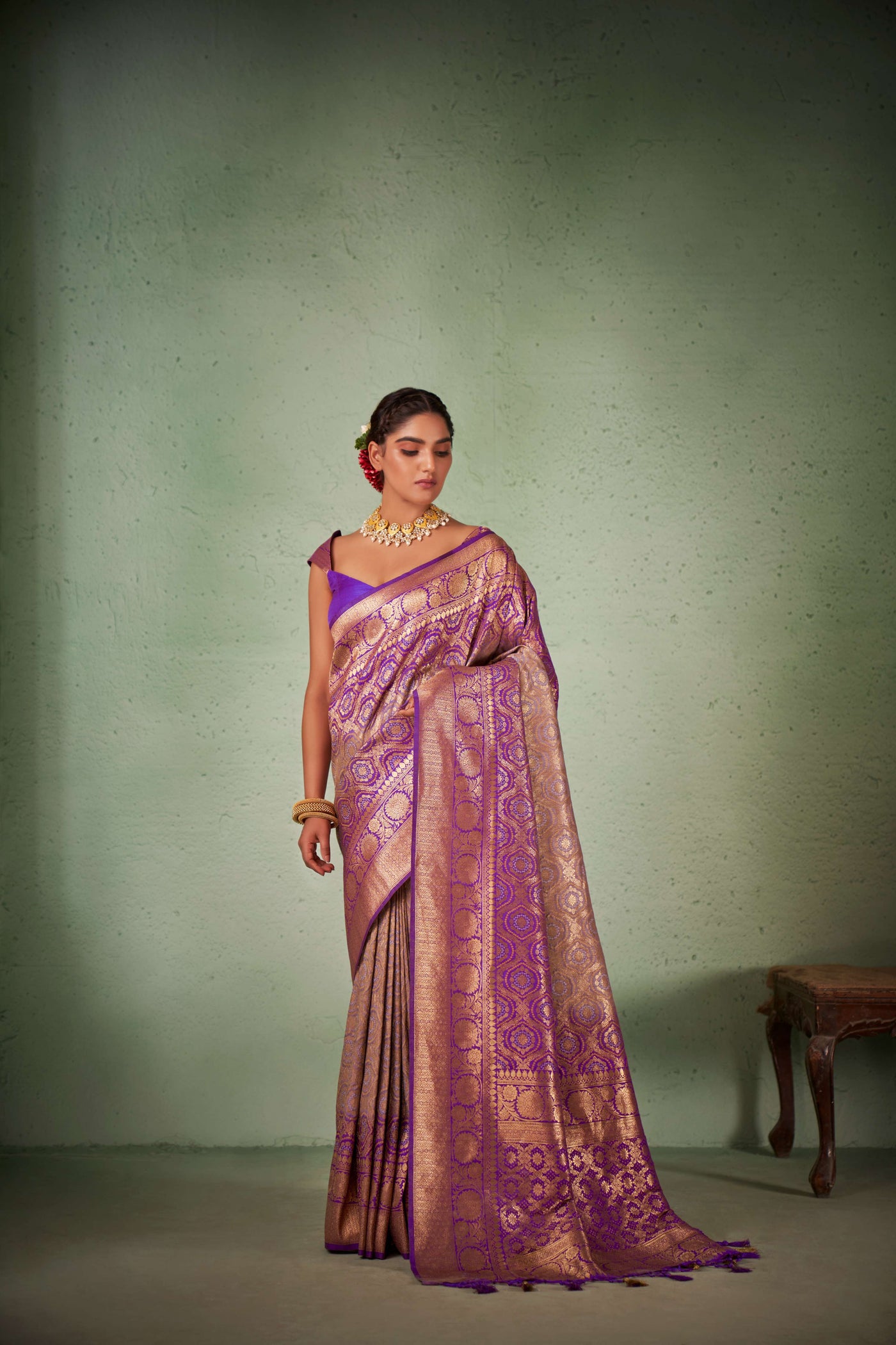 Byzantium Purple-Lilac Gold zari with Bandhej Bandhani Raw Silk Saree