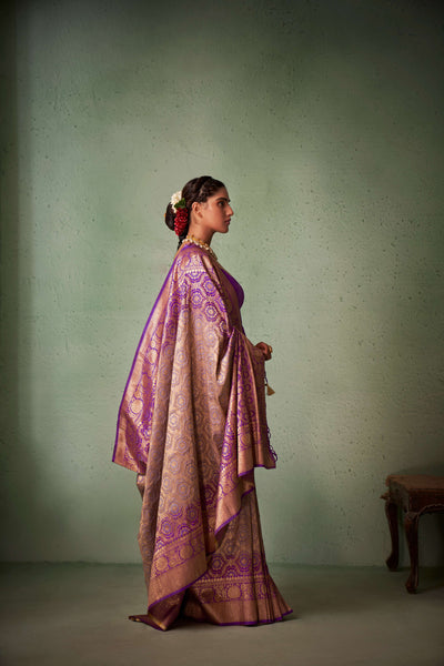 Byzantium Purple-Lilac Gold zari with Bandhej Bandhani Raw Silk Saree