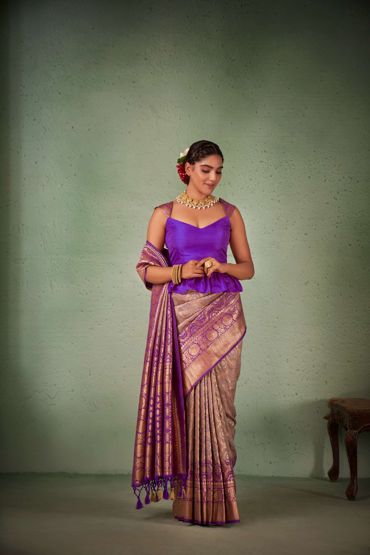 Byzantium Purple-Lilac Gold zari with Bandhej Bandhani Raw Silk Saree