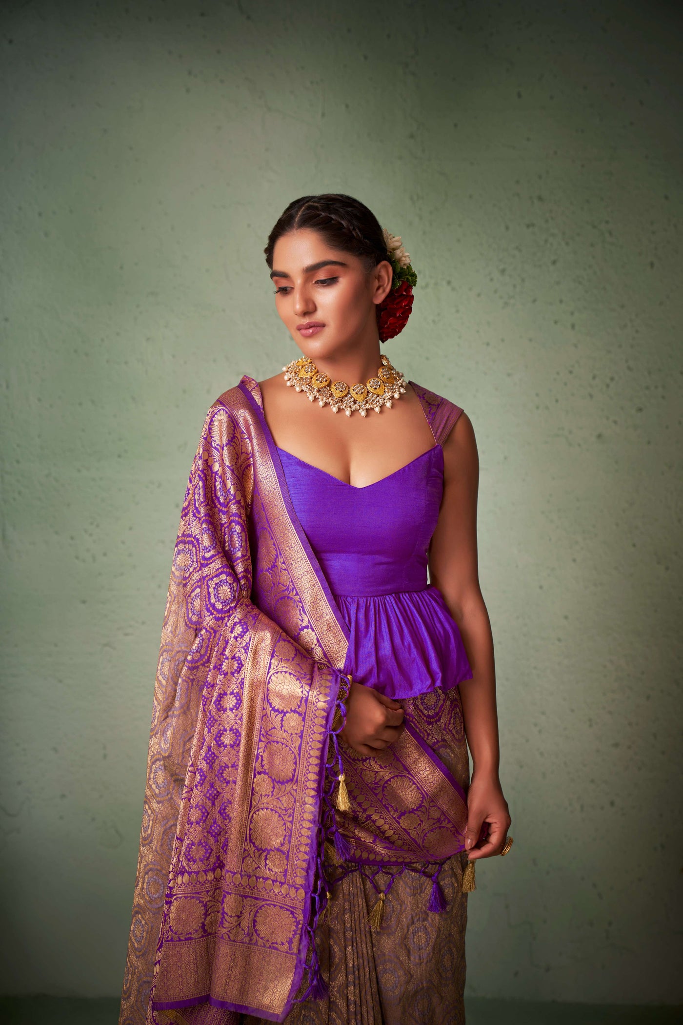 Byzantium Purple-Lilac Gold zari with Bandhej Bandhani Raw Silk Saree