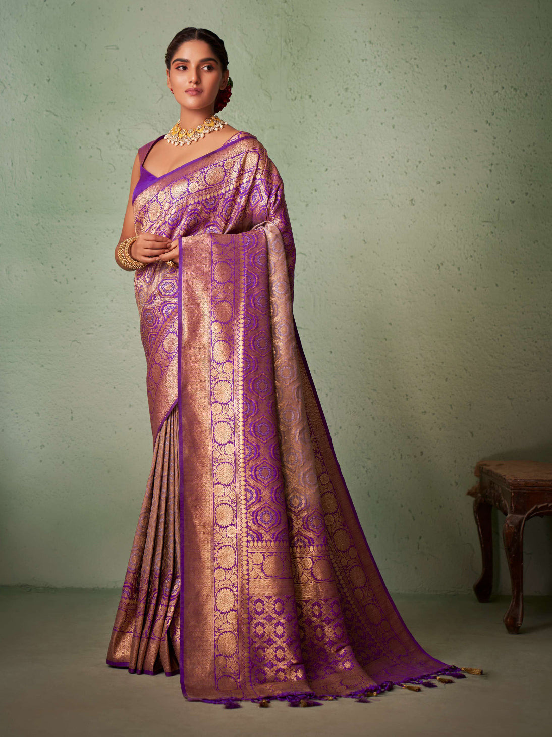 Byzantium Purple-Lilac Gold zari with Bandhej Bandhani Raw Silk Saree