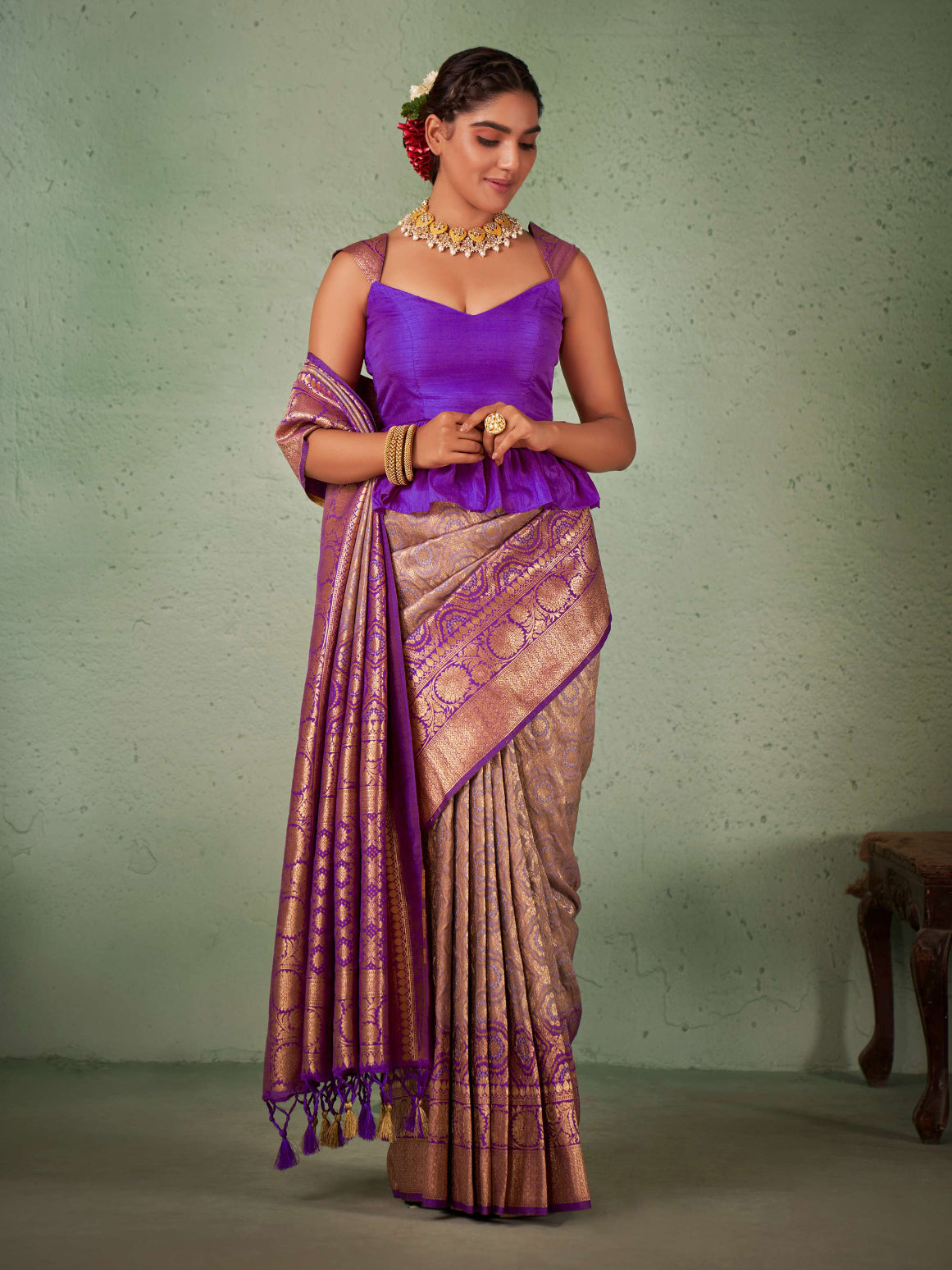 Byzantium Purple-Lilac Gold zari with Bandhej Bandhani Raw Silk Saree