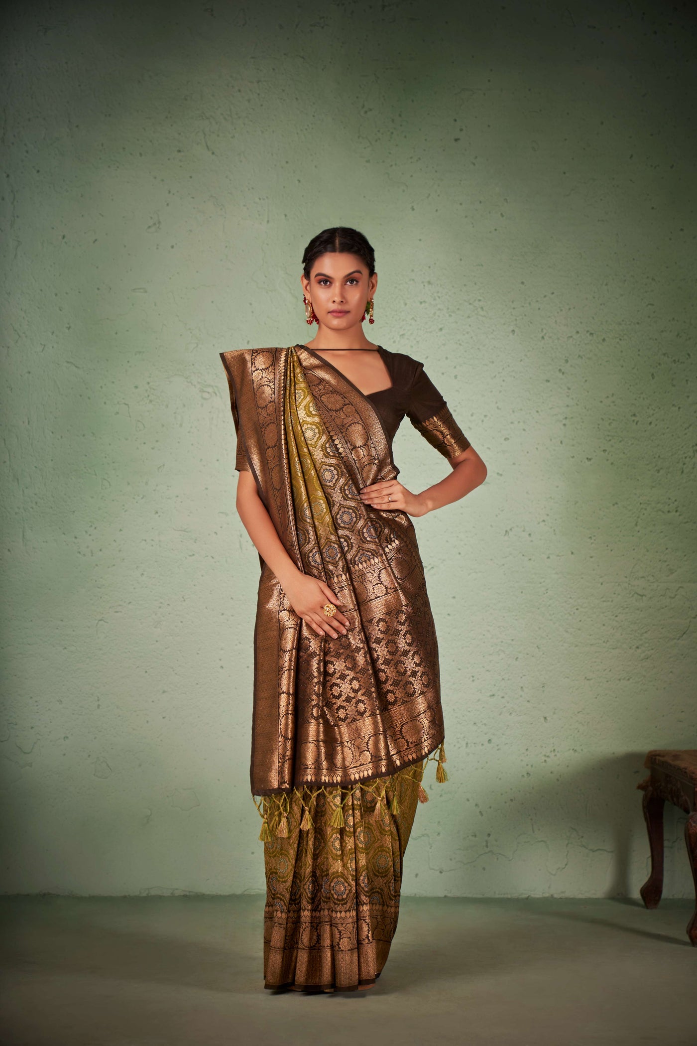 Olive Leaf Green Gold zari with Bandhej Bandhani Silk Saree | House Of Vardha 