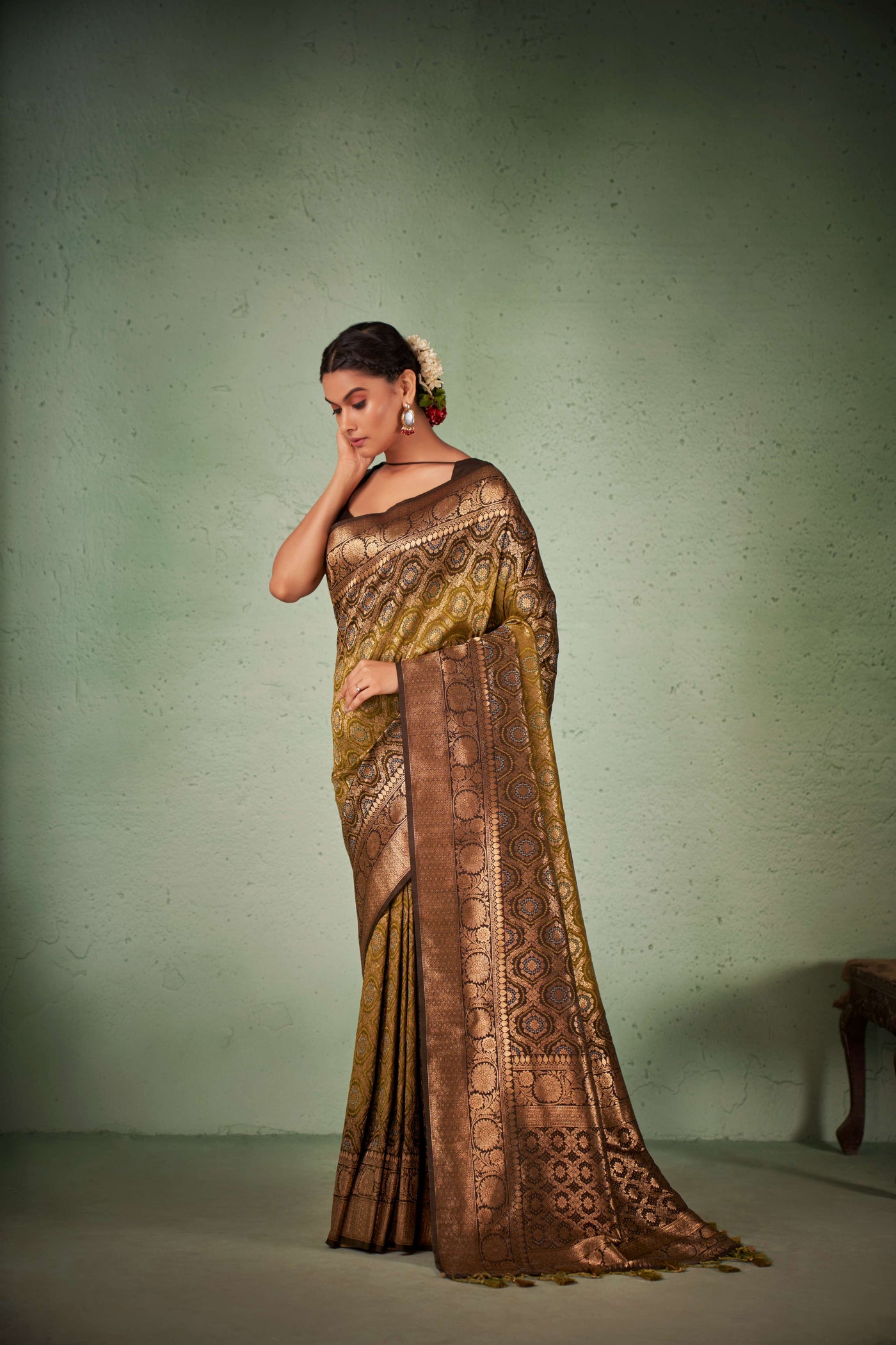 Olive Leaf Green Gold zari with Bandhej Bandhani Silk Saree for Mehendi Function