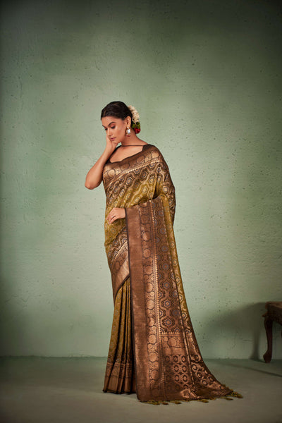 Olive Leaf Green Gold zari with Bandhej Bandhani Silk Saree for Mehendi Function