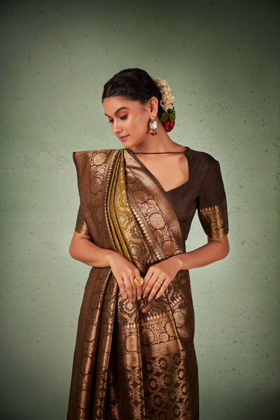 Olive Leaf Green Gold zari with Bandhej Bandhani Silk Saree | House Of Vardha 