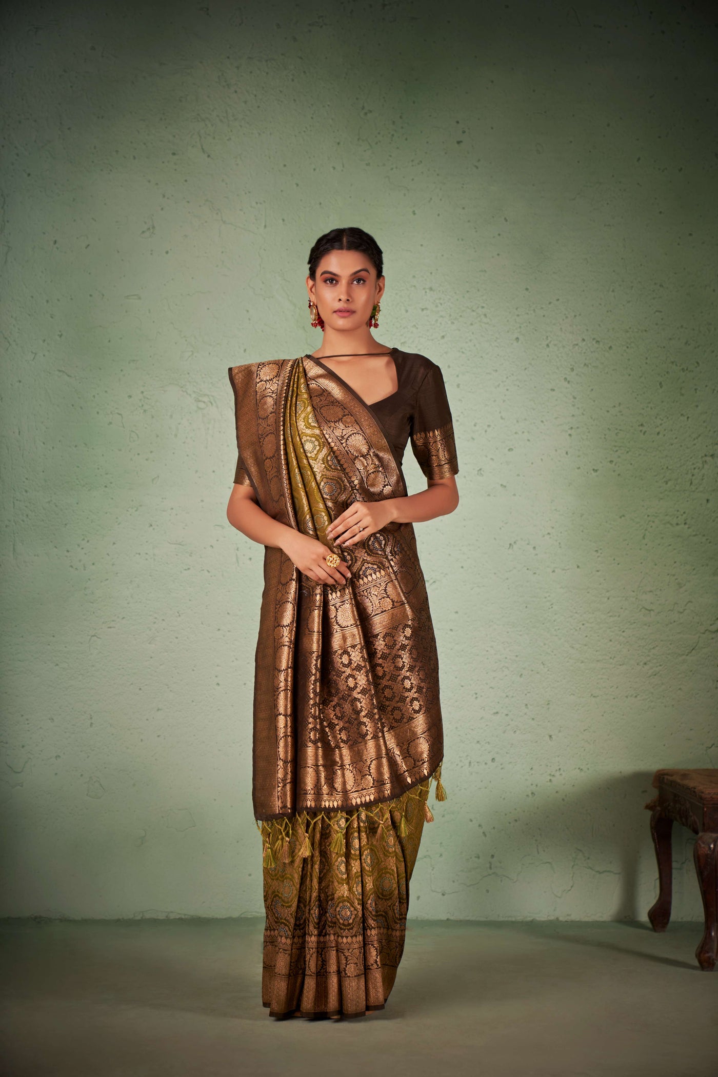 Olive Leaf Green Gold zari with Bandhej Bandhani Silk Saree for Mehendi Function