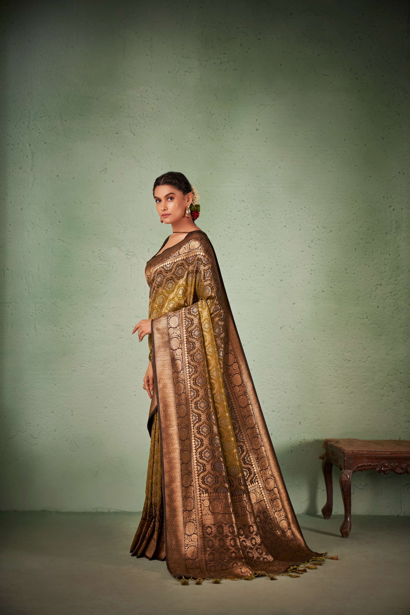 Olive Leaf Green Gold zari with Bandhej Bandhani Silk Saree | House Of Vardha 