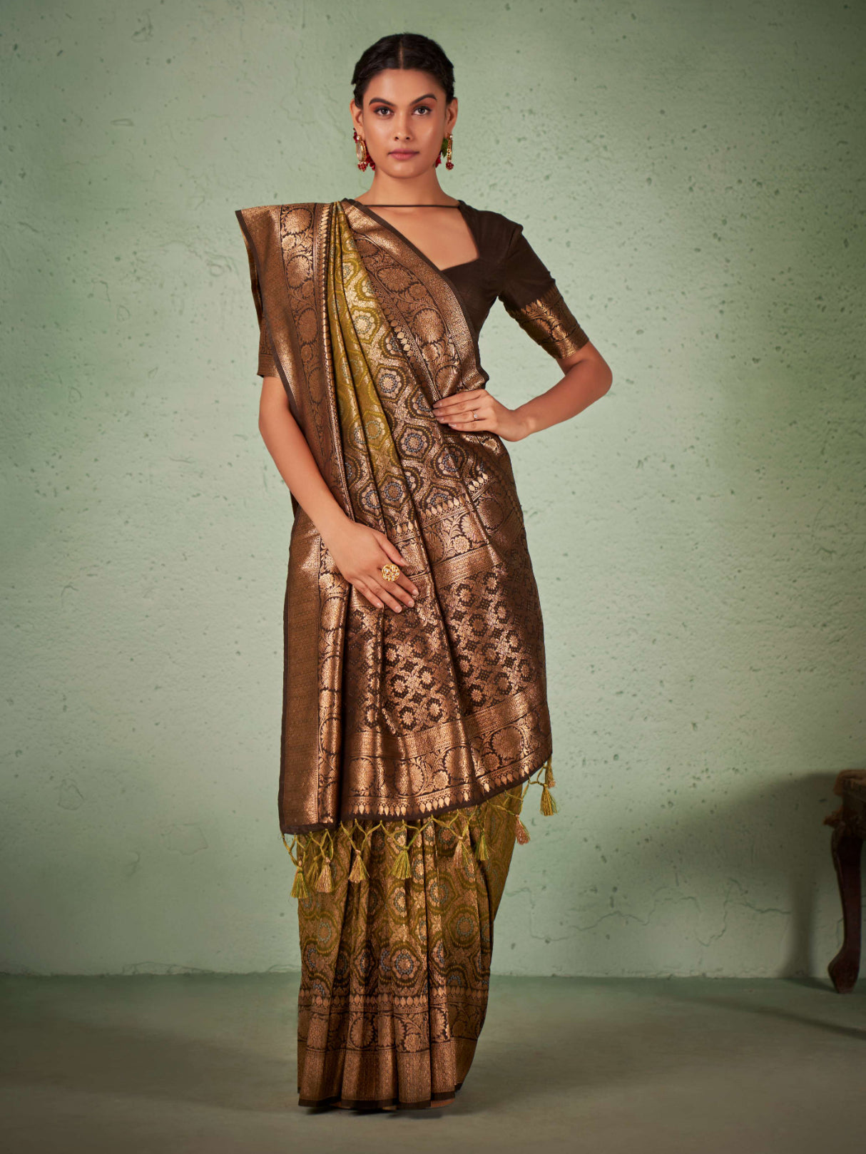 Olive Leaf Green Gold zari with Bandhej Bandhani Silk Saree | House Of Vardha 