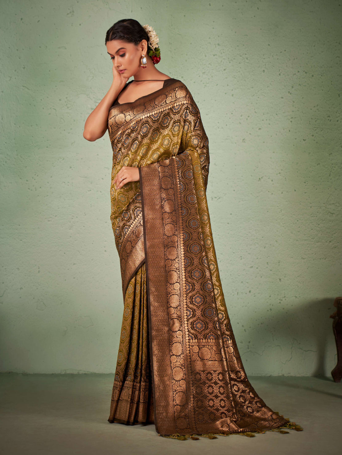 Olive Leaf Green Gold zari with Bandhej Bandhani Silk Saree | House Of Vardha 