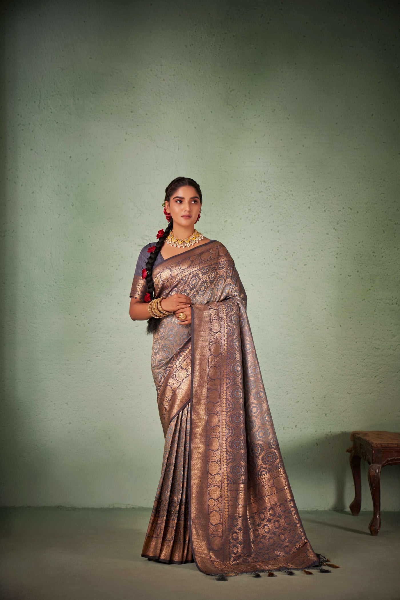 Liver Slate Grey Gold zari with Bandhej Bandhani Raw Silk Saree