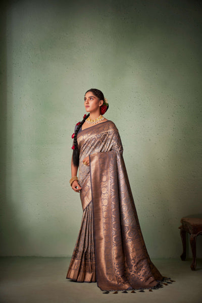 Liver Slate Grey Gold zari with Bandhej Bandhani Raw Silk Saree