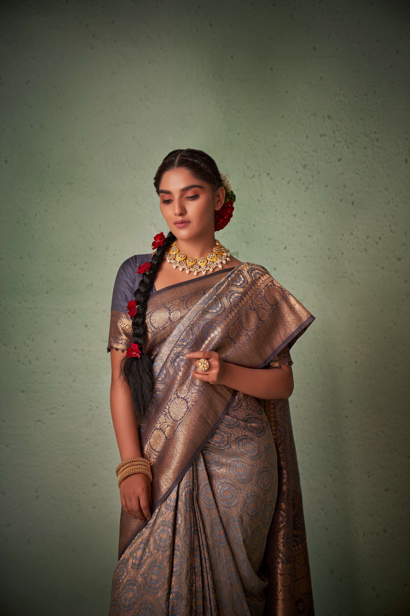 Liver Slate Grey Gold zari with Bandhej Bandhani Raw Silk Saree