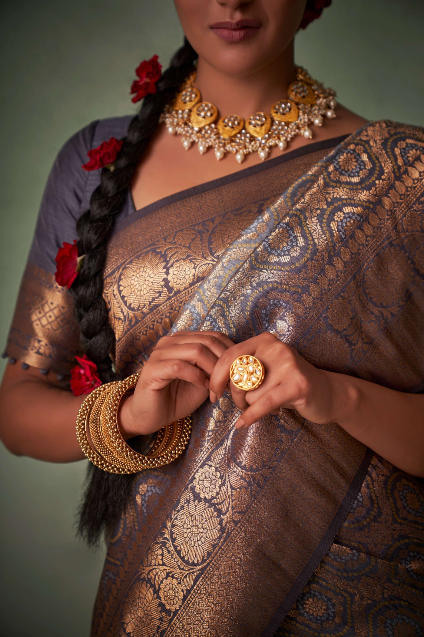 Liver Slate Grey Gold zari with Bandhej Bandhani Raw Silk Saree